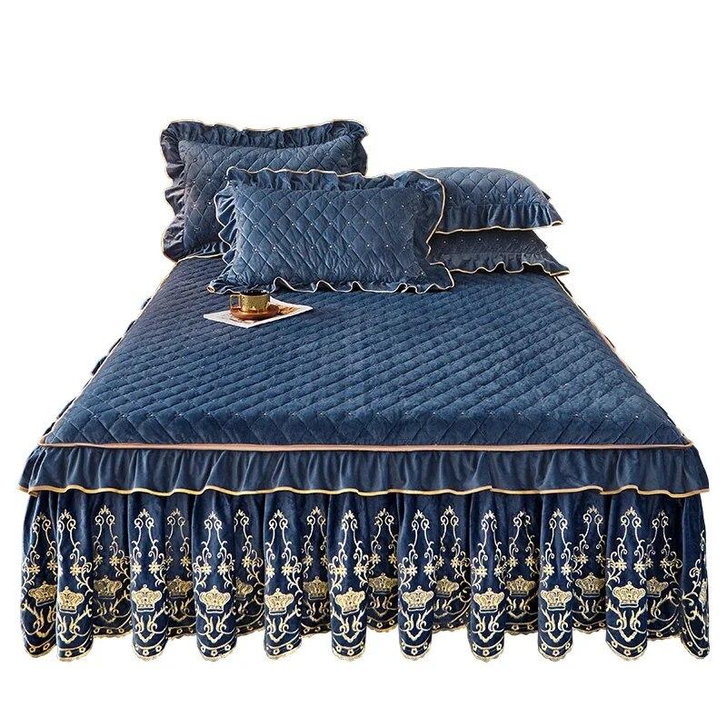 Colcha de cama de veludo europeia king size queen conjunto de luxo bordado saia de cama macia com 2 fronhas dropshipping