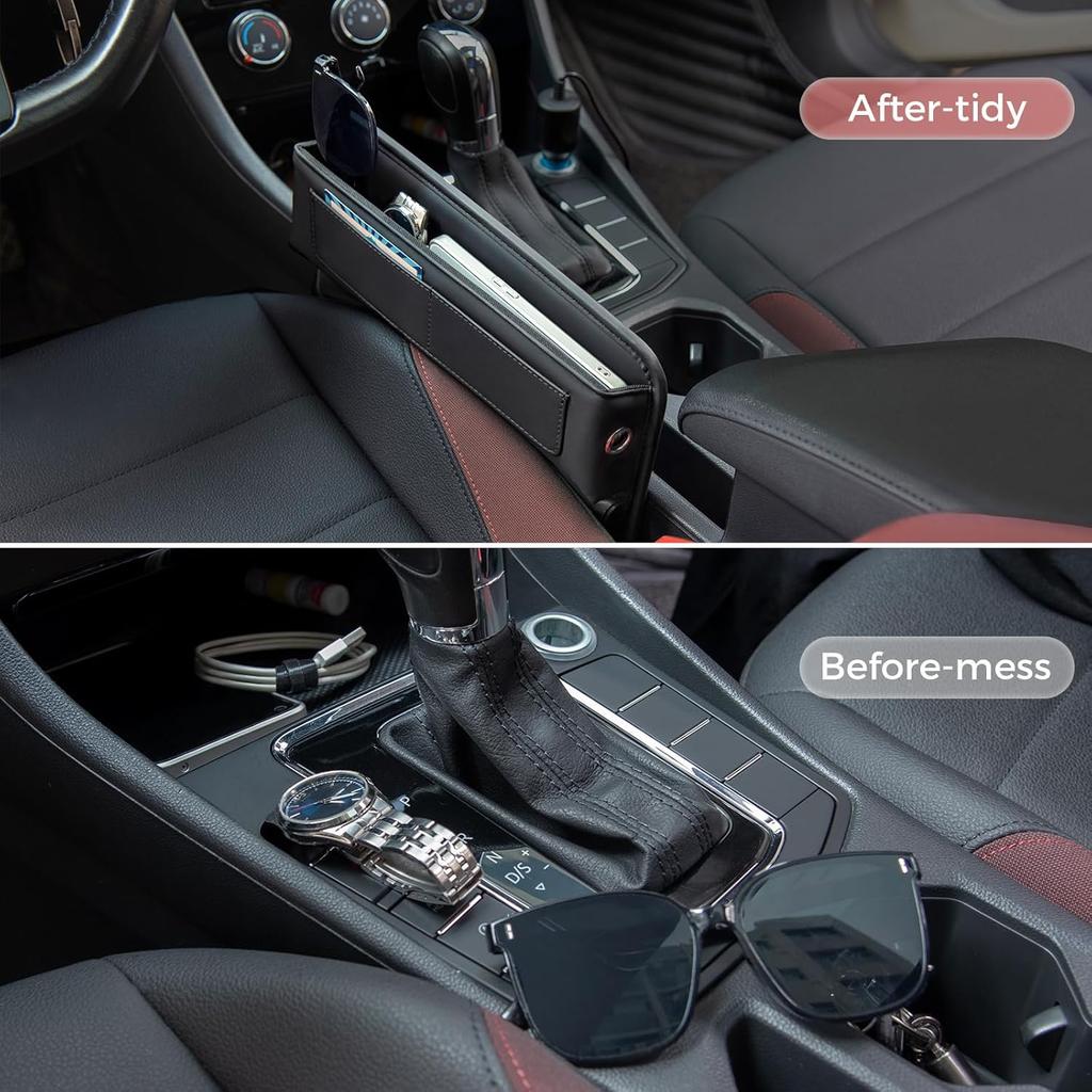 Car Seat Gap Filler Organizer Car Storage Organizer Car Accessories For Women/Men Interior Premium Leather Keeps Phone/Keys/Wallets (Black, 1 Pack)