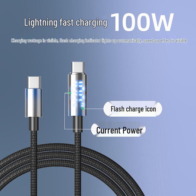 100W Fast Charging Type-C Braided Cable with Digital Display, Compatible with Huawei, Android, Apple Devices