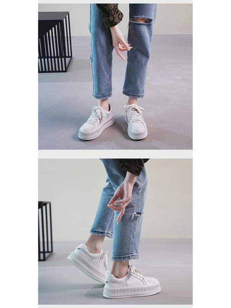 Women's 2023 Spring Genuine Leather Thick-Soled White Height-Boost Biscuit Sneakers