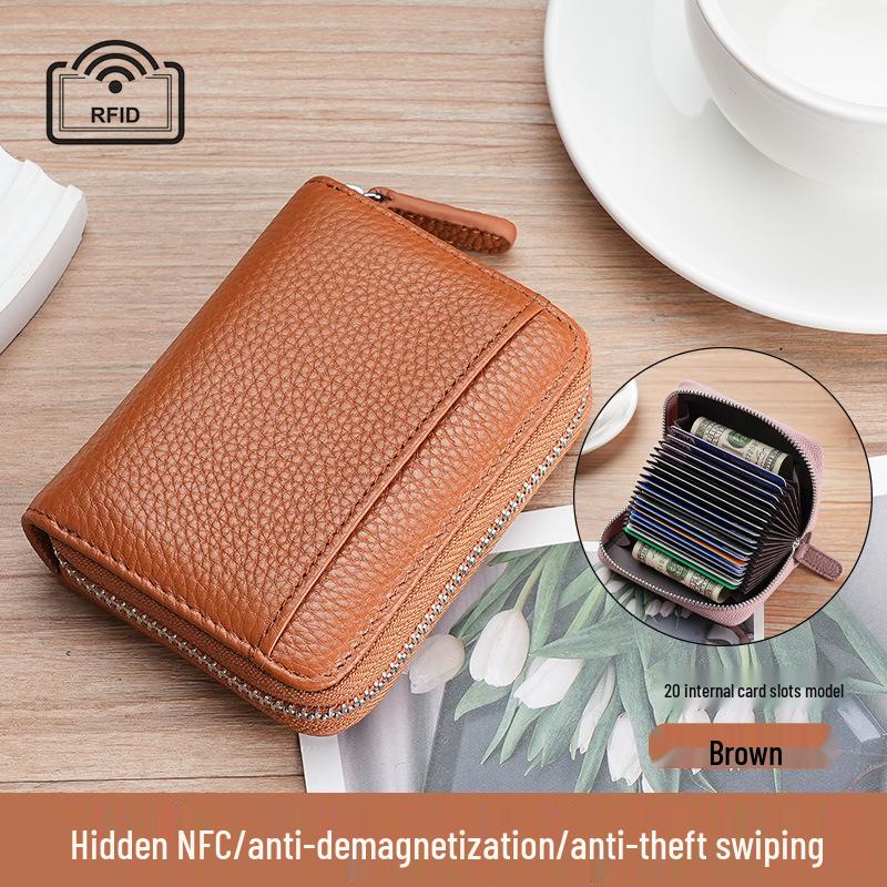 Women's Genuine Leather Zipper Card Holder - Anti-Demagnetization Multi-Slot Accordion Style