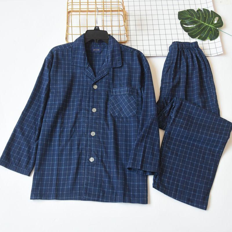 

Экспорт Ежедневный Заказ Мужской Клетчатый Тканый Хлопок Длинные Рукава Брюки Пижамный Костюм Весна и Осень Повседневная Удобная Домашняя Одежда Dark Blue M