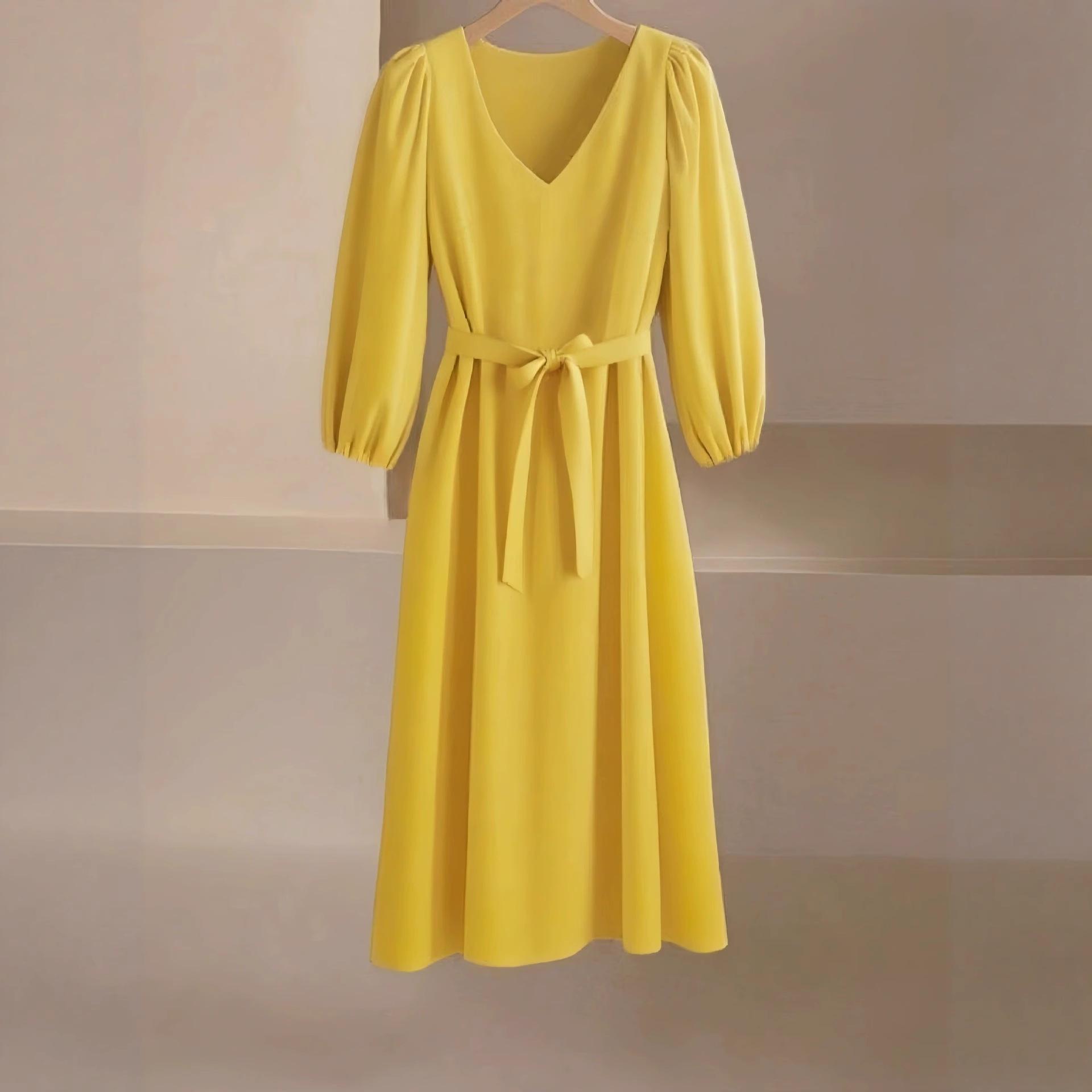 

Женское однотонное элегантное и универсальное повседневное миди-платье с длинными рукавами и V-образным вырезом для работы XXL жёлтый