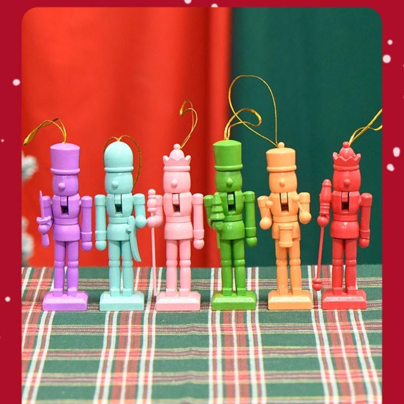 Set of 6 Traditional Colorful Wood Nutcrackers Soldiers Figurine Christmas Tree Hanging Pendants Decoration Festival