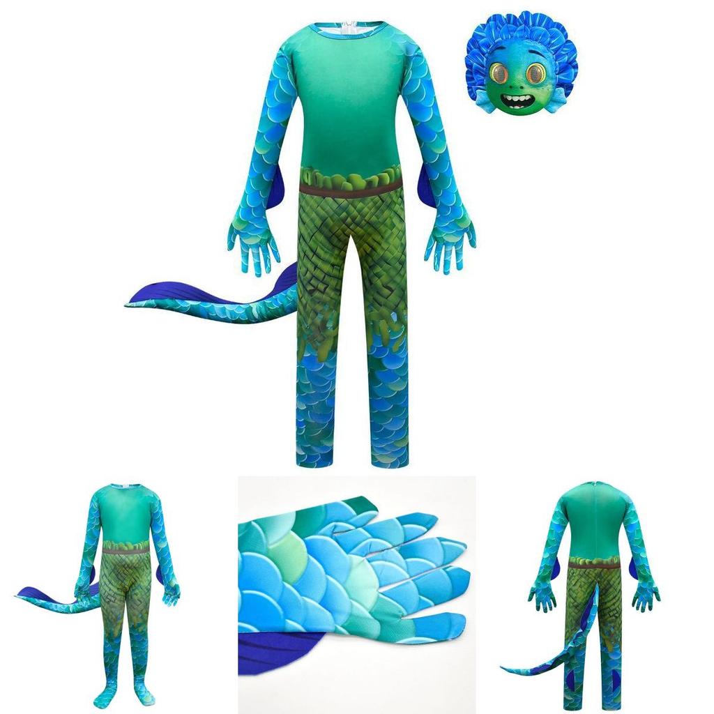 Enchanting Luca Kids Jumpsuit With Mask And Gloves For Vibrant Halloween Dress Up