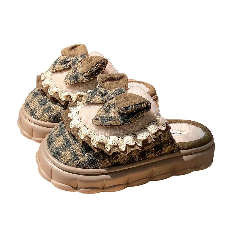 Fashion Fluffy Slippers Women Home Retro Bowknot Designer Winter Shoes Girls Cute House Cotton Casual Plush Platform Footwear Elegant