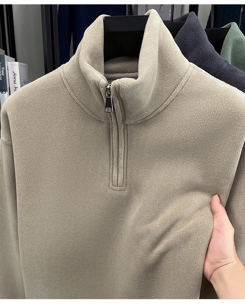 Men's Thick Coral Fleece Half-Zip Stand Collar Hoodie - Autumn/Winter Style, Solid Color, Fashionable