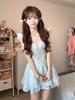 French cute girlish super fairy blue lace square neck suspender dress women's new puffy skirt