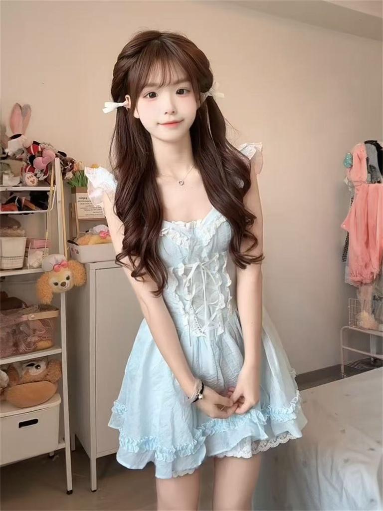 French cute girlish super fairy blue lace square neck suspender dress women's new puffy skirt
