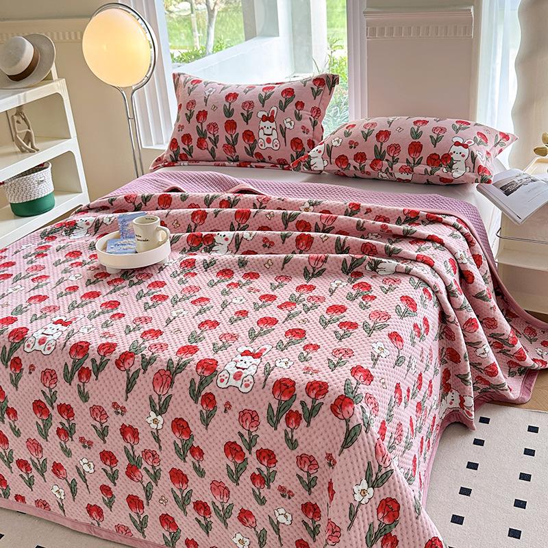 Herbst/Winter Milchsamt Bedrucktes Einzelbett-Tagesdecke- & Kissenbezug-Set mit Matratzen-Staubschutz