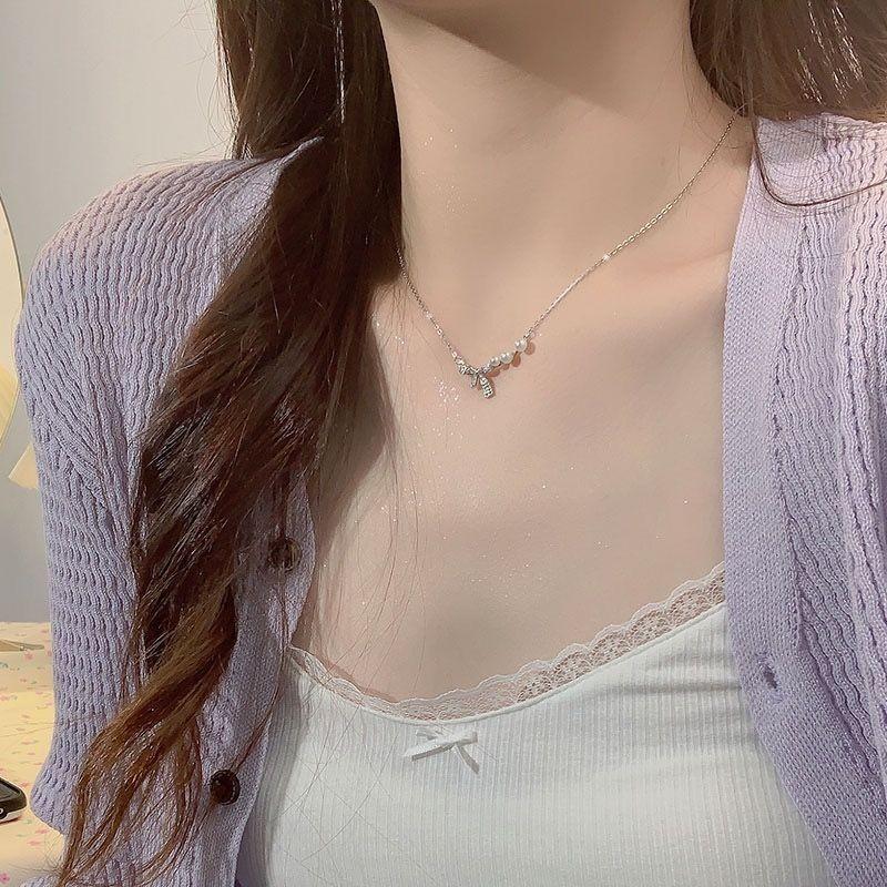 iF ME Butterfly Knot Artificial Pearl Necklace for Woman Silver Chain Pendant Necklaces Accessories Jewelry