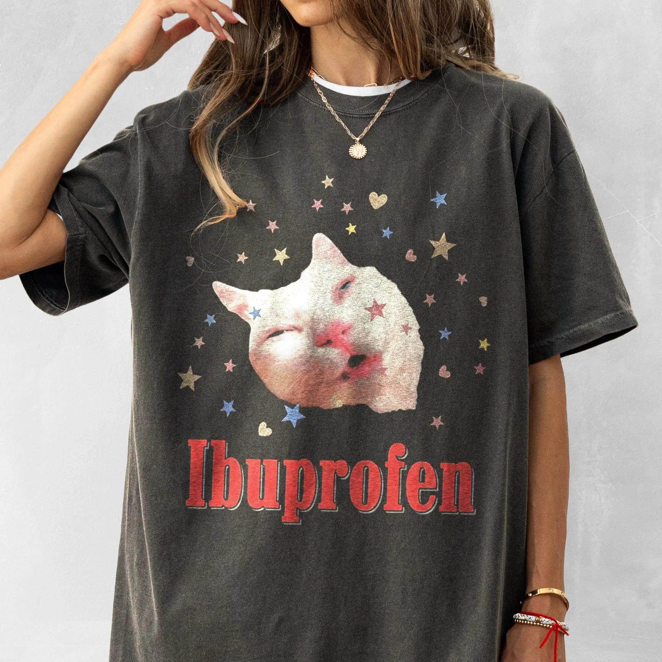 Funny Vintage Graphic Cat Tshirt I Need Ibuprofen Print Tops Cotton Casual Loose T Shirt Silly Kitten Tshirt Meme Shirts Unisex S