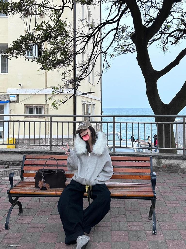 Damen Grauer Kapuzenpullover mit Pelzkragen, Fleece-Futter, Koreanischer Stil, Kleine Größe, Herbst/Winter-Kollektion 2025.