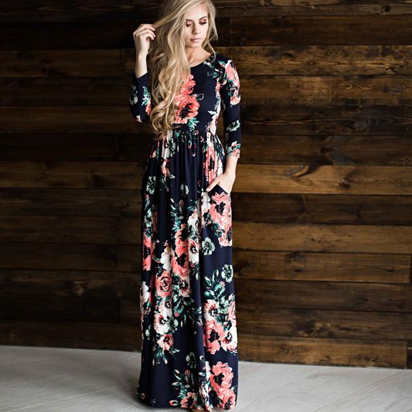 Women's Summer Long Dress Floral Print Boho Beach Dress Tunic Maxi Dress Evening Party Dress