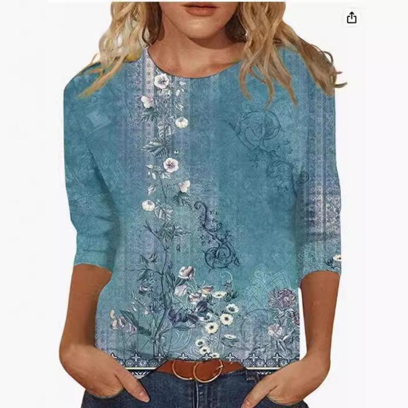 Fashionable Women's Flower Print Short Sleeves Simple Top Soft Top T-Shirts Women’s