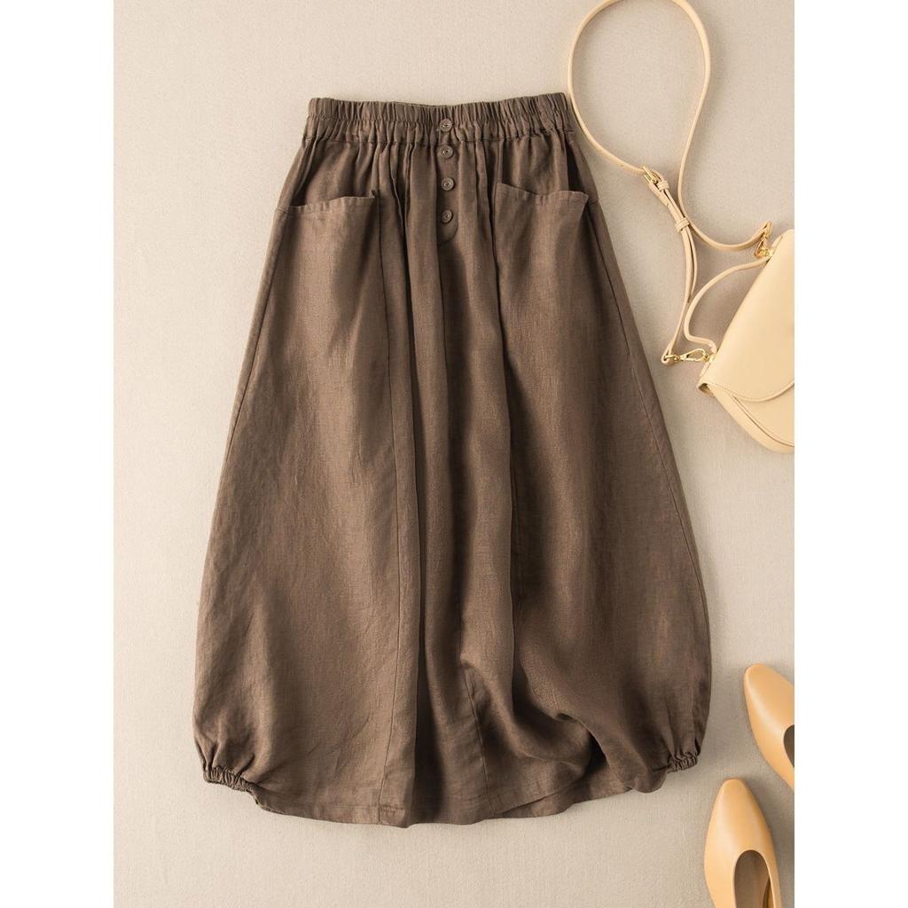 Cotton Linen Women Midi Skirt High-Waist Pockets Buttons Decor Large Hem A-Line Casual Skirt Autumn Solid Color Retro Skirt