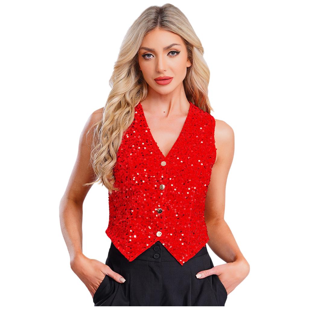 Women Sparkly Sequin Vest Sleeveless V-neck Irregular Hem Party Top for Cocktail Banquet Nightclub Summer