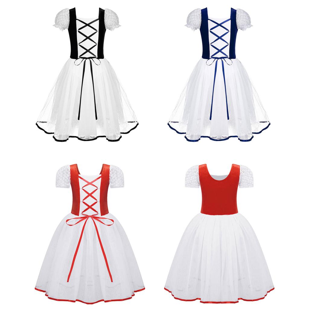 Rochie Tutu din Dantelă de Catifea pentru Fete, Body cu Mâneci Bufante, Costum de Performanță pentru Balet și Gimnastică