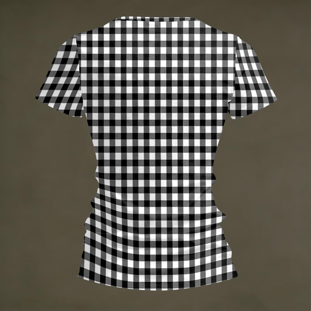 Women’s Fashionable Casual V-neck Short-sleeved Check Print Slim-fit Lightweight T-shirt Top