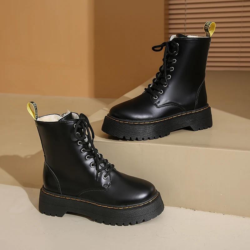 Womens Boots Plush Warm Winter Boots Fashion Casual Leather Boot Lace Up Women Ankle Boots Outdoor Non Slip Oxford Platform Boot
