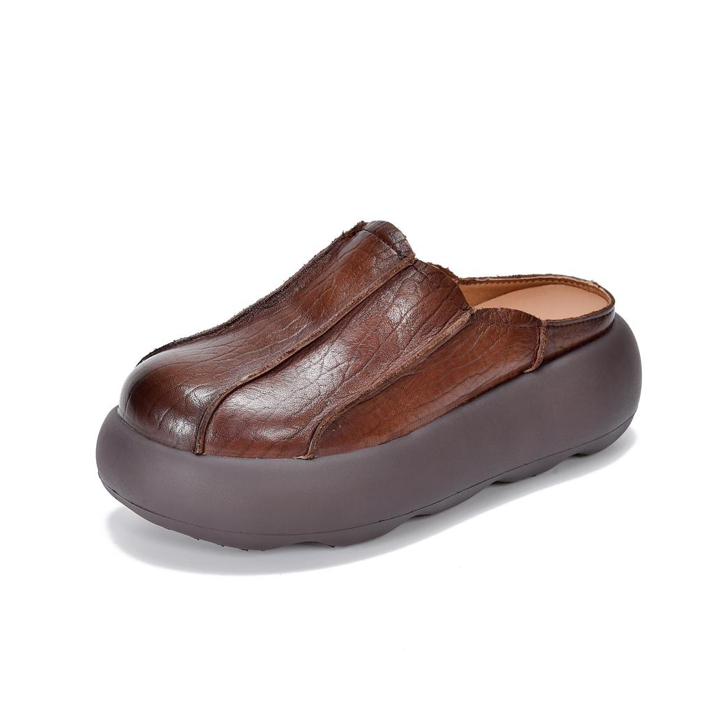 Johnature Vintage Genuine Leather Thick Soled Outdoor Slippers Round Toe Women's Slip-on Shoes