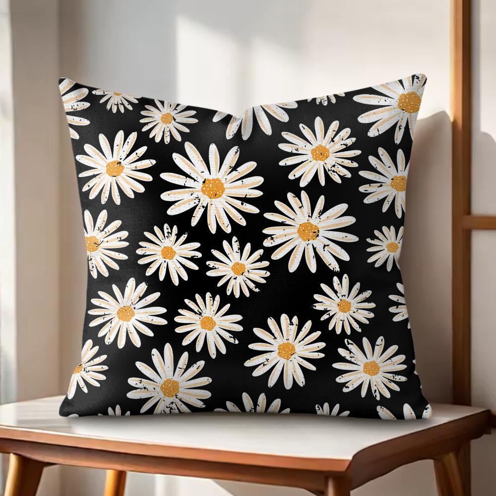 Black Daisy Cushion Cover Natural Linen Organic Fabric DoubleSided Printing Couch Pillow Covers Home Decor
