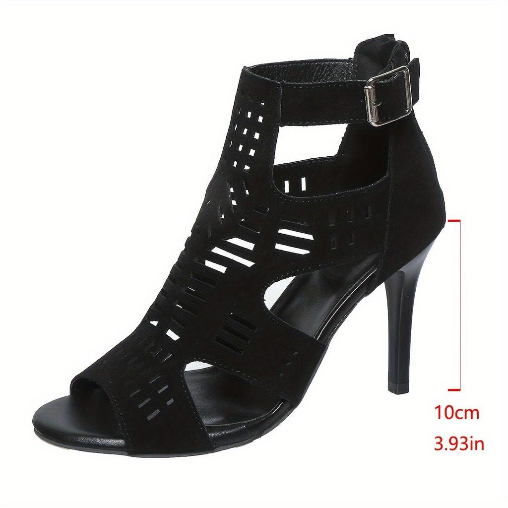 Women's Chunky Heel Peep Toe Cutout Backless High Heel Sandals with Hook & Loop Back Zipper