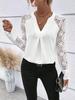 Women's White Lace V-Neck Long Sleeve Ruffle Blouse for Spring and Autumn