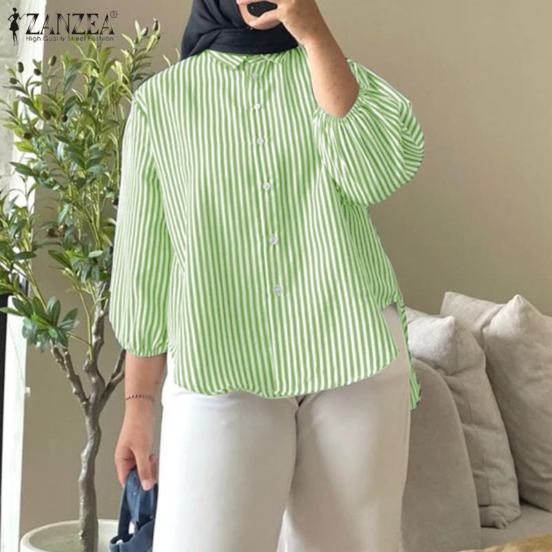 ZANZEA Women Turn Down Collar Loose 3/4 Sleeve Stripe Blouse
