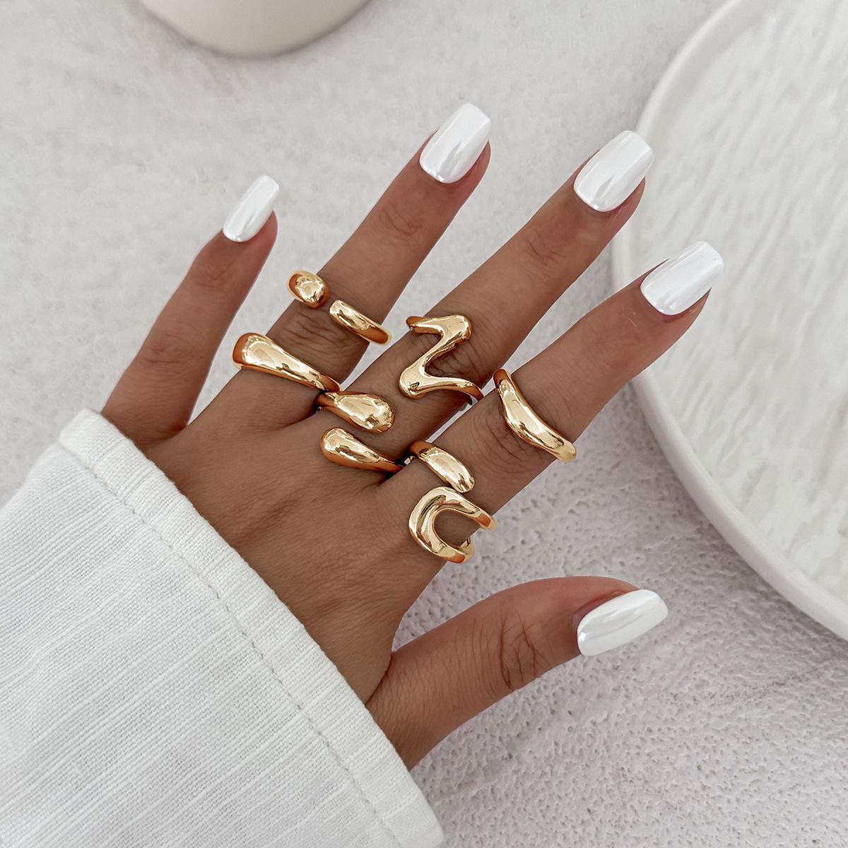 Irregular Liquid Lava Metal Wrinkled Open Ring Design Photosensitive Surface Joint Ring 06 Light Gold6Set 6342