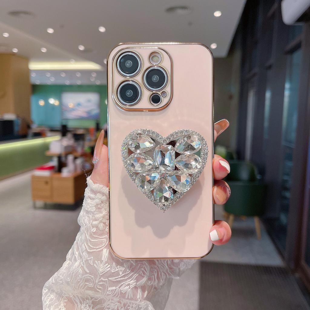 Applicable To IPhone16Promax Mobile Phone Case Love Rhinestone Stand Apple 15/14/13 High-end Sense