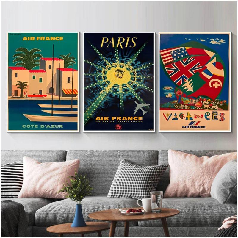 Travel To Europe Japan by Air France Canvas Painting Vintage Wall Pictures Kraft Poster Coated Wall Sticker Home Decoration Gift