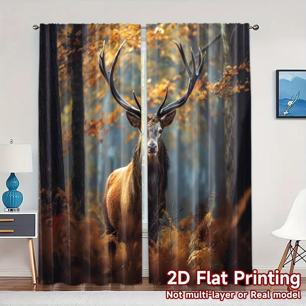 

Комплект из 2 современных плоских печатных штор без карниза с рисунком «Величественный олень» Пряжа Подарки Идеальная штора для спальни Полиэстер Идеально подходит для зоны сна W100*H70(CM)-Rod Pocket&2PCS