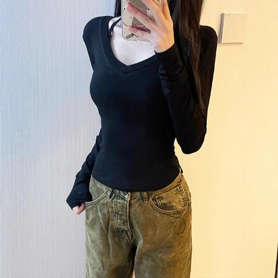 Slim V-neck, Right Shoulder, Versatile Long-sleeved T-shirt for Women, Autumn and Winter Inner Layering Shirt, Hot Girl Slimming Top