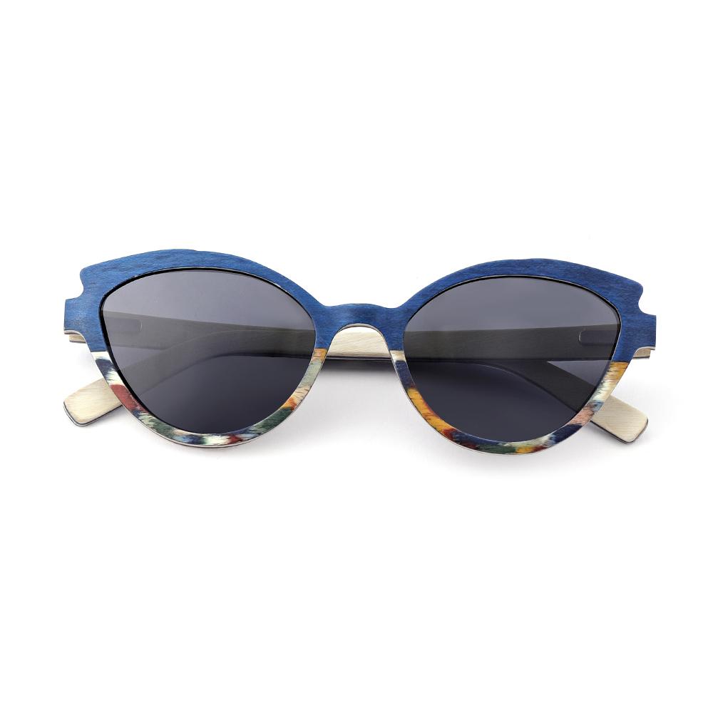 Fashion Cat Eye Wood Sunglasses for Women Men Custom Logo Ebony Black Polarized Sun Glasses blue/rainbow wood