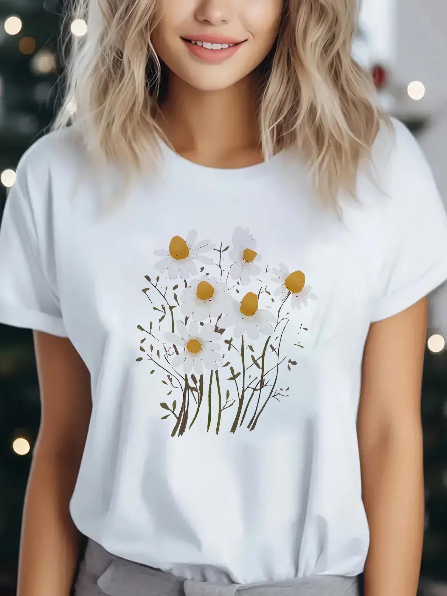 Womens White Daisy Print AllSeason Casual SemiFormal Wear Breathable Brown Golden Floral Top for Everyday Outdoor Activities S