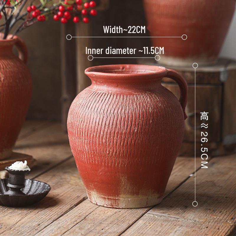 Rough Pottery Single-Ear Vase: Wabi-Sabi Style Red Earthenware for Retro Living Room Decoration