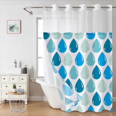 No Hook Water Drop  Pattern Shower Curtain With Snap-In Fabric Liner, Sheer Top Window, Waterproof Double Layer Bathtub Curtain