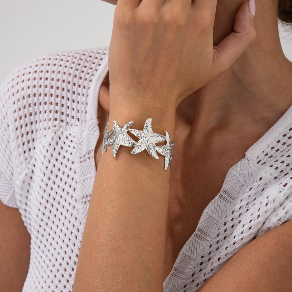 SHIXIN Bohemian Starfish Scallop Open Bangle for Women Fashion Smooth Metal Cuff Bracelet Hand Decoration Summer Beach Jewelry