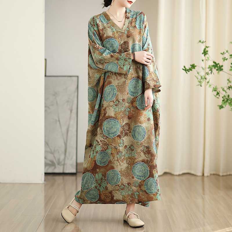 Women's New Color V-neck Retro Long Skirt Cotton Linen Dress