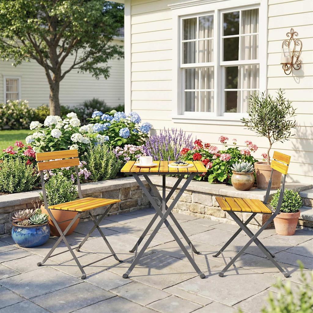 3-Piece Seating Group Dining Set for 2 People, Folding Dining Table with 2 Folding Chairs for Patio Balcony Teak