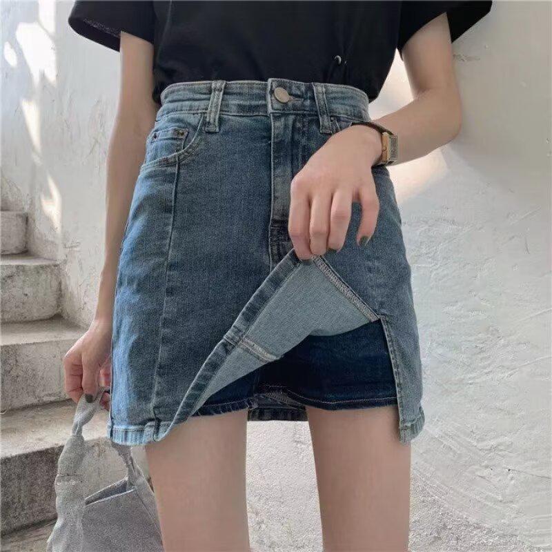 Women's Plus Size High Waist Denim Mini Skirt with Slit - Retro A-line, Slimming Summer Style