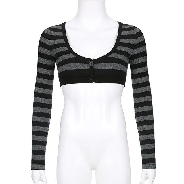 

Y2K винтажный укороченный топ в полоску, повседневный кардиган на пуговицах с круглым вырезом и длинными рукавами, футболка в стиле ретро в стиле Харадзюку, супер-короткий топ в стиле гранж, футболки S чёрный