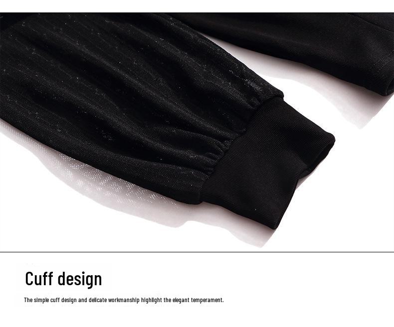 Women's Black Chiffon Spliced Knitted V-Neck Pullover: Loose-Fitting, Long-Sleeved Spring Commuter Top.