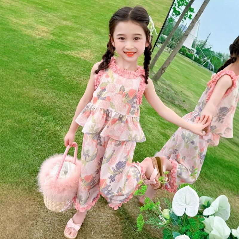 Blumiges Sommer-Weste-Set für Mädchen, Baby-Kinder-Pilzkanten-Zweiteiler
