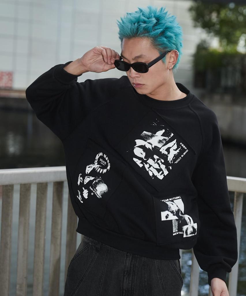 WEGO Photo Paste Graphic Pullover Size Big Gift Men's Sweatshirt, M, Black, Streetwear, Casual, Silhouette, Spring, Autumn, Winter,