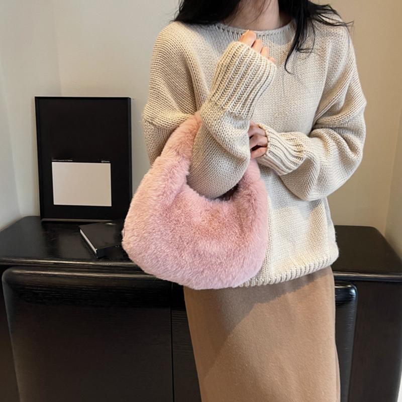 Fur Handbags Women's Small Half Moon Bag Warm Plush Wrist Bags Fashion Furry Short Handle Clutch Ladies Shoulder Bags