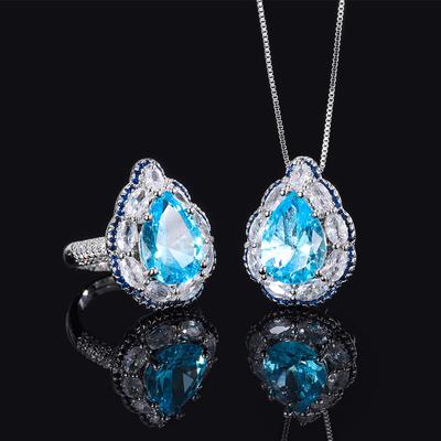 Jewelry Simulation Topa Blue Retro Wind Diamond Water Drop Women'S Set Main Stone 10 * 14
