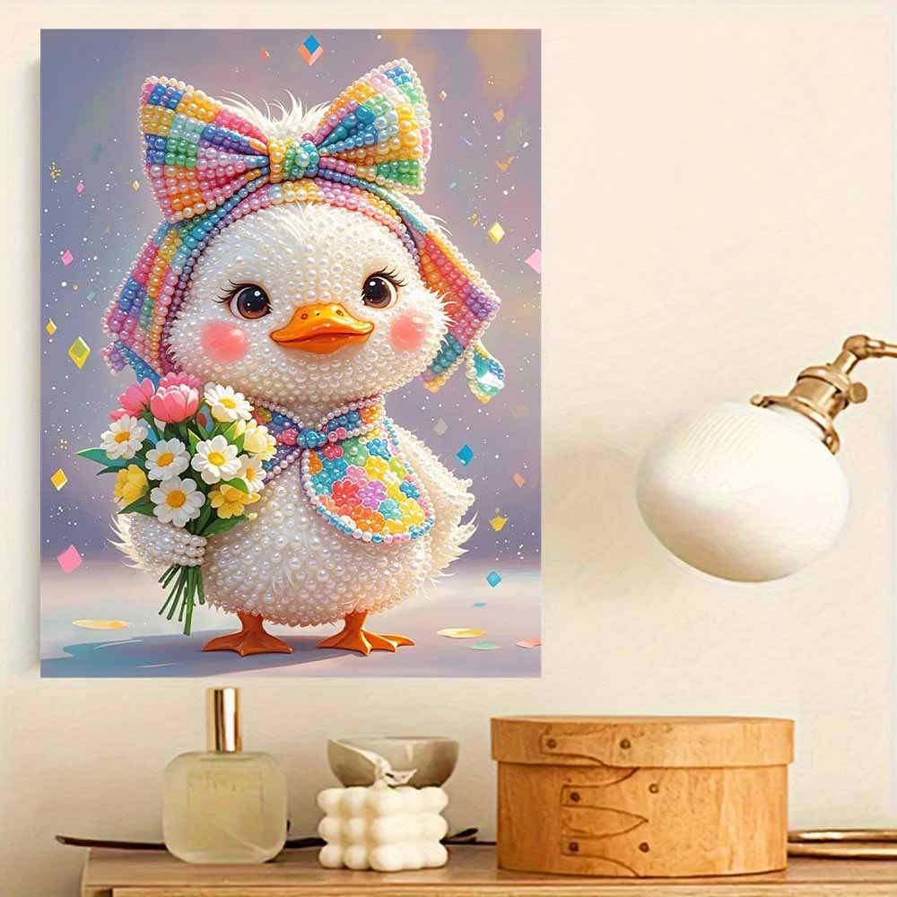 DIY Framed Pearl Painting Kit Cute Duck with Flowers 3D Sparkling Bead Art Canvas Elegant Home Wall Decor Creative Gift for Women Crafts