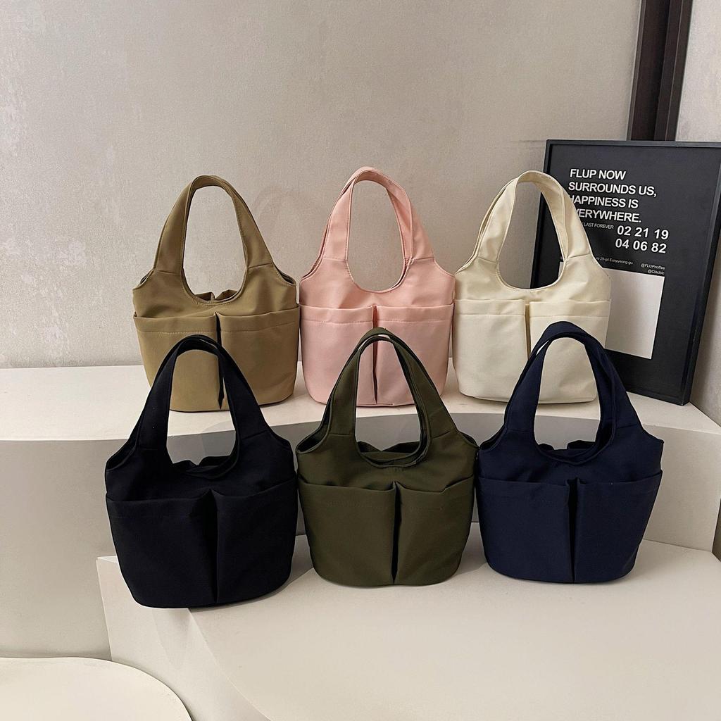 Korean Style Multi-Pocket Canvas Tote Bag with Large Capacity for Lunch or Shoulder Use